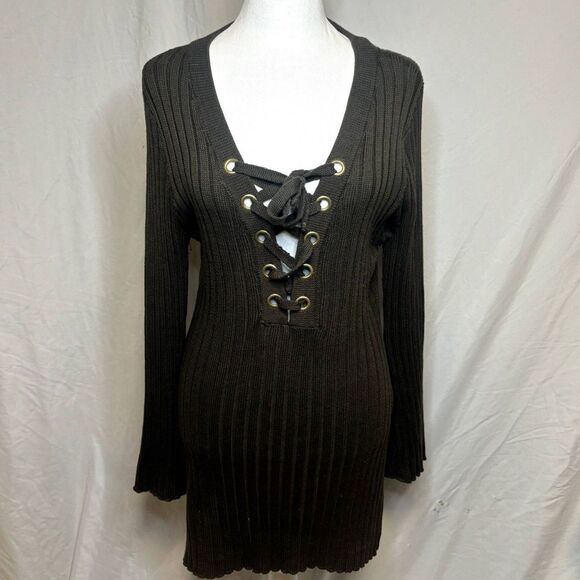 Ultra Flirt Ribbed Bell Sleeve Green Lace V Neck Sweater Womens Fall - Picture 1 of 9